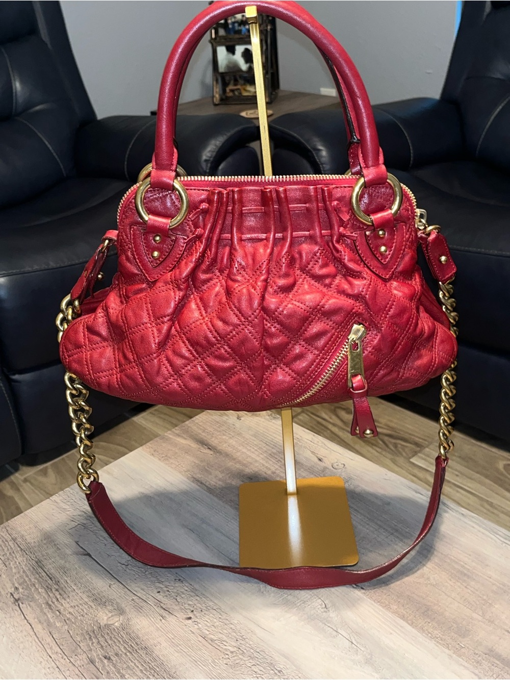 Marc Jacobs Quilted Red Leather Shoulder Satchel with Gold Hardware